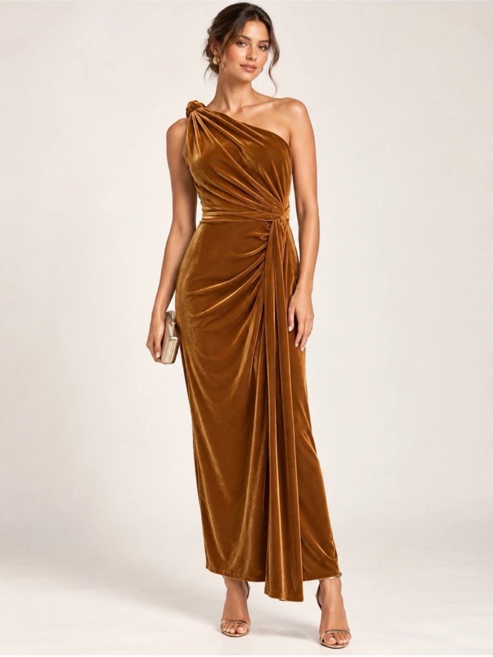 Muse by Marchesa Sz 4 Ayla One Shoulder Velvet Formal Dress Gown Mustard Gold
